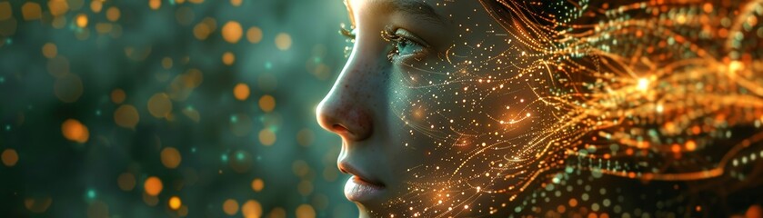Naklejka premium A Child's Face Glows with a Swirl of Golden Sparks, Conjuring a Vision of Innocence and Wonder