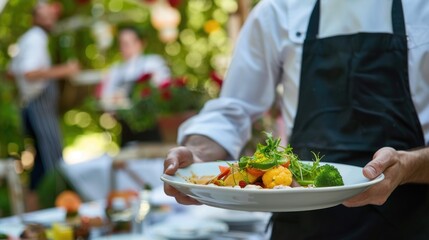Naklejka premium Waiter presenting gourmet salad with mozzarella and fresh vegetables