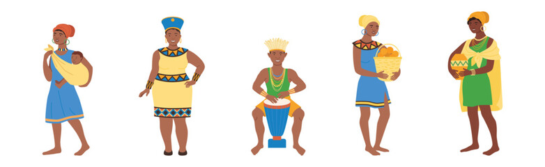African People Character in Traditional Tribal Clothing Vector Set