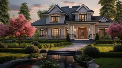 Fototapeta na wymiar Create a captivating image of a beautiful home exterior, showcasing elegant architecture, lush landscaping, and perfect lighting, emphasizing the harmony between the house and its surroundings 