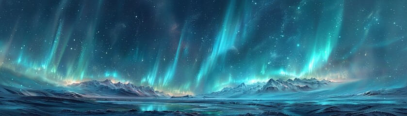 Naklejka premium Arctic Splendor: Glistening Northern Lights Over a Snowy Mountainous Terrain