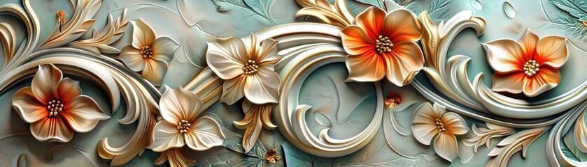 Elegant Floral and Swirls 3D Wallpaper: Artistic Golden Flowers on Abstract Background