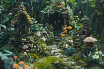 Fototapeta premium Fantasy garden digital art with flowers, stairway, and mystical trees.