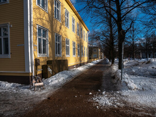 Old wooden apartment building in Raksila, Oulu Finland