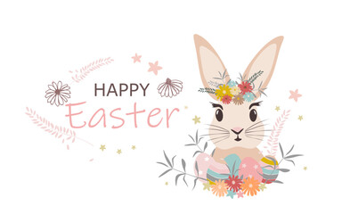 Vector illustration. Happy Easter. Postcard with cute Easter bunny, eggs, spring flowers in pastel colors isolated on white background.