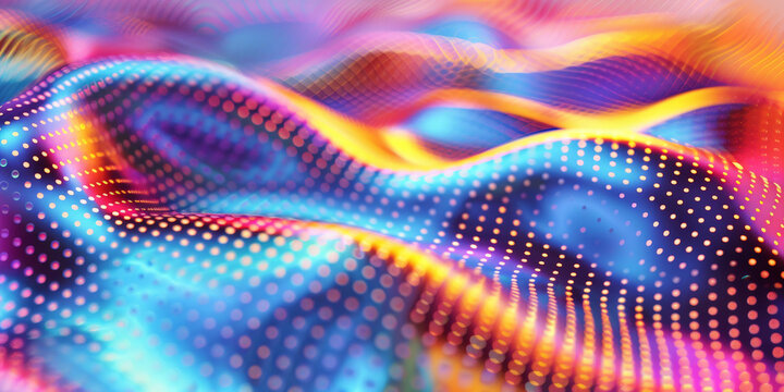 3d render abstract Futuristic grid wave background with gradient and dots,Shiny colorful wave flow particles texture in neon light. Abstract wallpaper design for banner, poster or cover