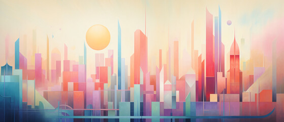 Dreamlike Geometric Cityscape in Pastel Colors 