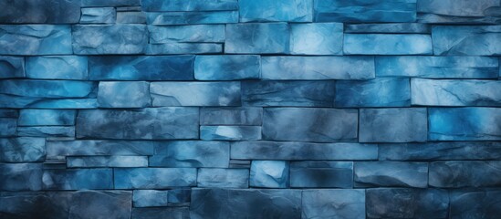 A detailed shot of an electric blue brick wall with a blurred background, showcasing the intricate pattern of the composite material brickwork in shades of azure and aqua