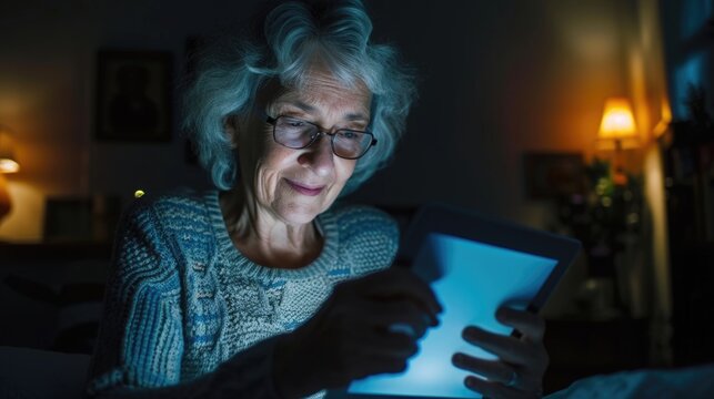 Senior Lady Reading Tablet Screen at Night
