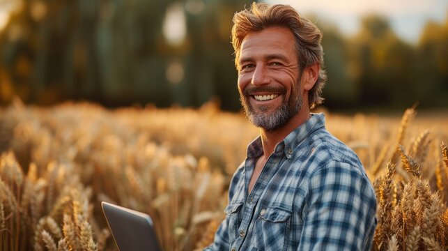 Smiling Farmer with Laptop in Wheat Field