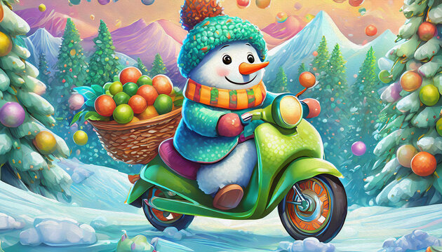 CARTOON CHARACTER CUTE baby happy snowmen ride Stylish green cross motorcycle 