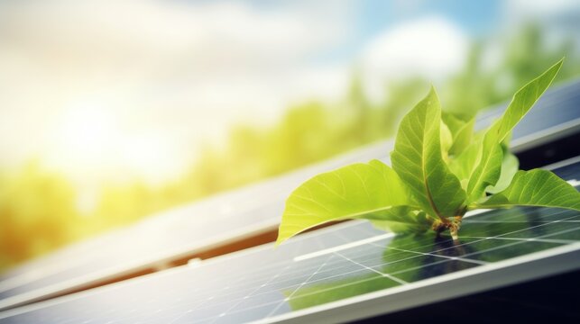A young green plant sprouts from the surface of a blue solar panel, symbolizing renewable energy and the combination of technology with nature under a bright sunlit sky