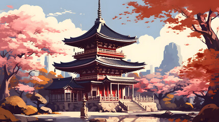 temple of monks with cherry trees illustration - obrazy, fototapety, plakaty
