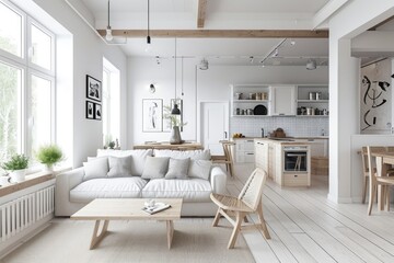 Spacious Scandinavian-style living room and kitchen.