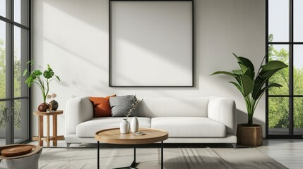Modern living room interior with empty frame. Home decor and interior design concept.