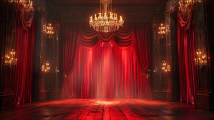 A stage with a chandelier and red curtains. - obrazy, fototapety, plakaty