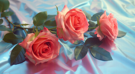Three Red Roses on Holographic Foil Background - Elegant Floral Display on Reflective Silver Surface. Flat Lay Top View
