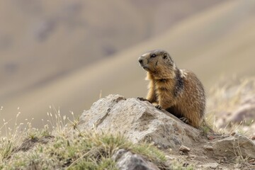 Naklejka na ściany i meble Tarbagan marmot( Marmota camtschatica Pallas) is basking in the sun