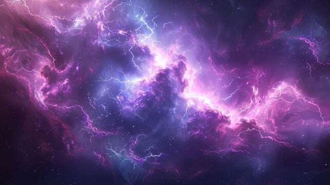 A striking image of a cloud filled with purple and blue lightning 