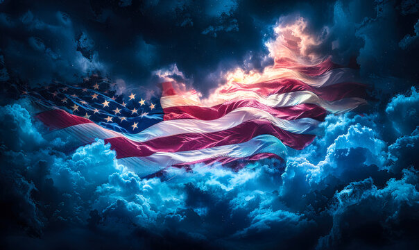 The United States flag waving majestically with stars and stripes against a dramatic stormy sky, symbolizing American pride, patriotism, and resilience
