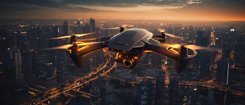 Fototapeta Drone flies over city with aerial top view futuristic