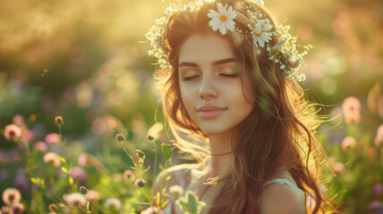 Young woman with a flower crown in sunlight.