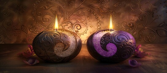 Burning candles with flowers on a dark background.