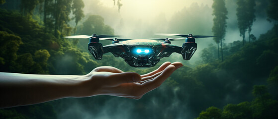 Drone technology landing in human hand in nature ponorama - obrazy, fototapety, plakaty
