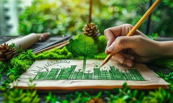 Person sketching a sustainable green city concept with eco friendly buildings and a tree on paper, representing urban planning and environmental conservation
