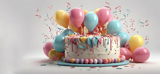 Birthday cake with balloons and ribbons 3d render on white background., perfect for customizable greetings generative by ai.
