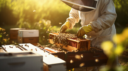 A close up pf a beekeeper working for honey 