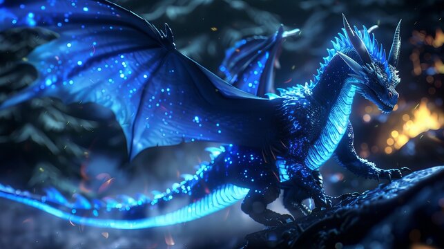 A 3D image features an animated character designed as a magnificent, mysterious, and beautiful blue flame dragon, reminiscent of those seen in Game of Thrones.