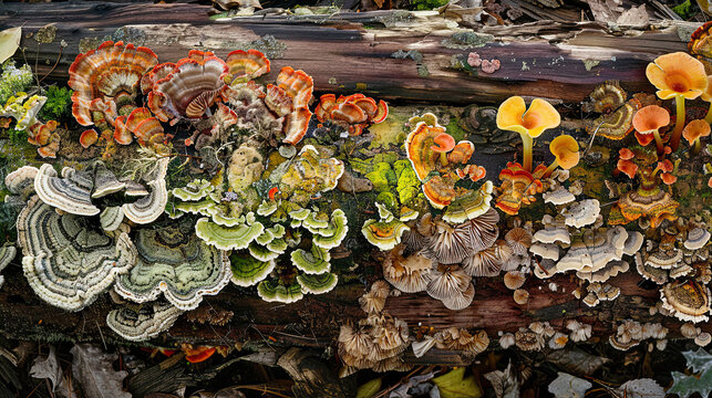 Vibrant panorama of varied fungi on a decaying log, highlighting the vital roles these organisms play in our ecosystem.