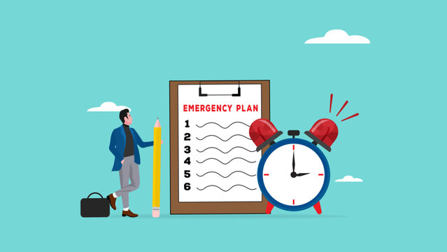 business emergency plan or strategy illustration, emergency action plan, emergency action plan when business disaster occurs, business stand with a list of emergency plans with an alarm clock beeping