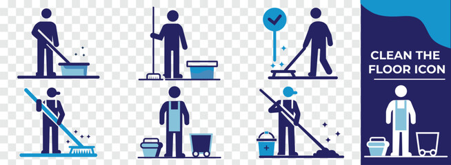 Floor mop icons. Mop And Bucket symbol. Cleaning service signs, vector illustration - obrazy, fototapety, plakaty