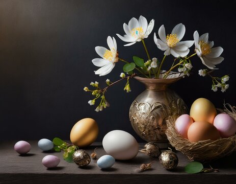 Easter day background with eggs, flowers