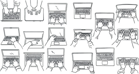 People typing on notebook computer keyboard, internet communication and online working illustration vector set