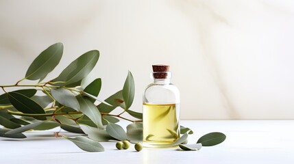 A bottle of eucalyptus essential oil, twigs of plants on a light background, a place for text.