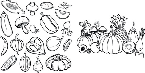 Hand drawn groceries, healthy and natural vegan food continuous line vector Illustration set