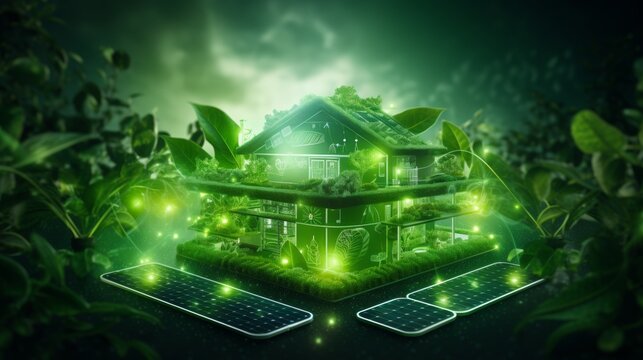 This is a 3D render of a futuristic smart home with glowing green lines, featuring a roof covered with solar panels, symbolizing sustainable energy within a cityscape