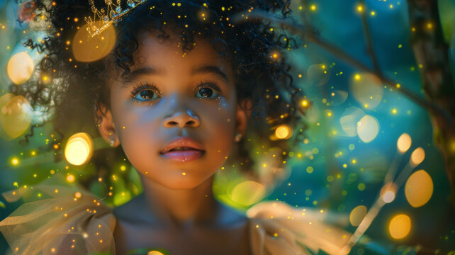 Little girl in a fairy costume with lights