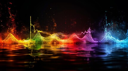 A vibrant sound wave in various colors against a dark backdrop
