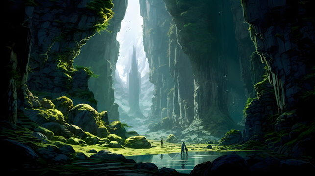 illustration style beautiful hidden cave