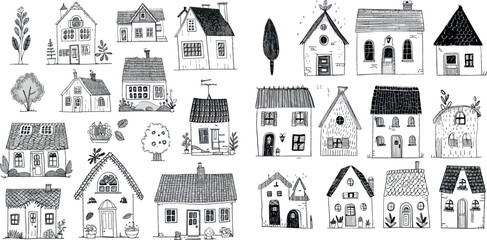 Hand drawn cozy houses. Urban street properties or buildings with plants