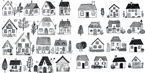 Minimalist line art cottage, vintage country house and sweet home vector doodle illustration set - obrazy, fototapety, plakaty