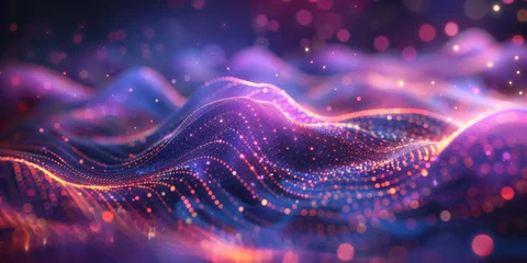 Foto op Plexiglas 3D render abstract futuristic background with waves   purple and blue glowing particles and dots, Wavy pattern of metallic mesh texture. geometry shapes data connetion tranfer.banner © Nice Seven