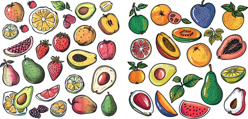 Doodle harvest, citrus, avocado and apple, natural vegan sweet summer fruits
