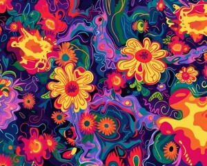 Psychedelic floral pattern with vibrant, swirling colors and abstract shapes