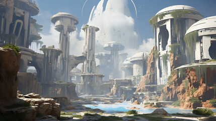 An ancient ruin in a futuristic city with remnants 