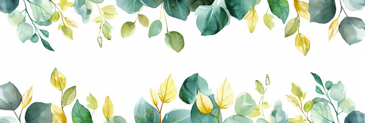 Elegant watercolor eucalyptus leaves border on white background, versatile backdrop for invitations, stationery, or wellness and nature concepts with copy space - obrazy, fototapety, plakaty